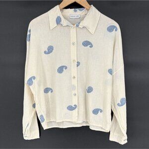 Civico 51 Womens Paisley Embroidered Button Up Shirt M Ivory Blue  Made in Italy